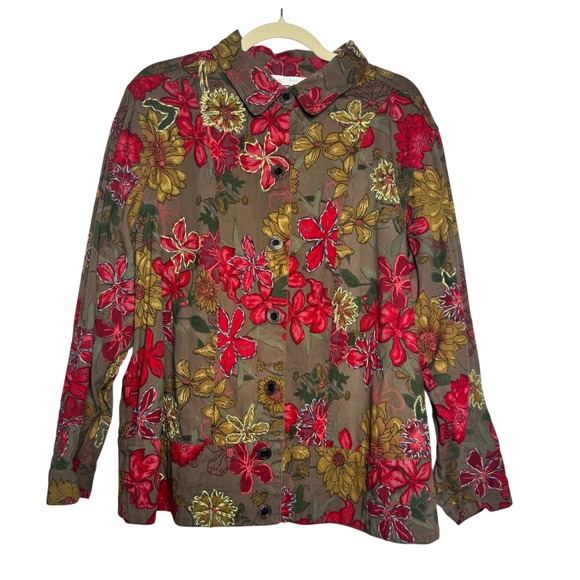 CJ Banks Floral Button Front Jacket Brown Red Yellow Size 2X Womens - Picture 1 of 8